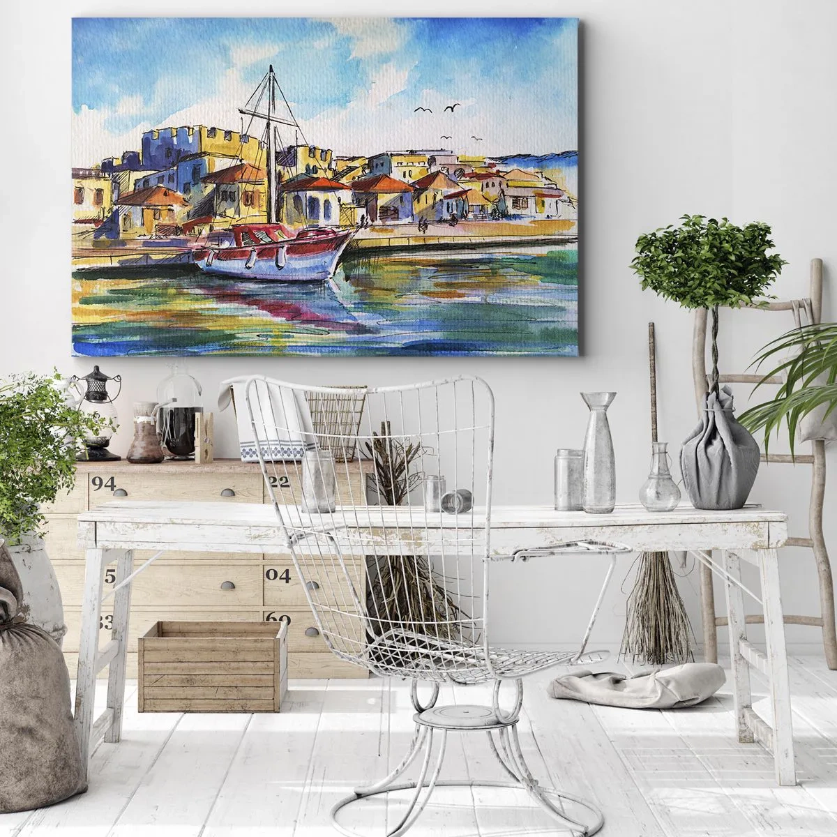 Obraz na płótnie - Malowniczy port z łodzią i kolorowymi budynkami - 120x80cm - Tęczowe popołudnie - Nowoczesna dekoracja ścienna do salonu, kuchni i sypialni ARTTOR