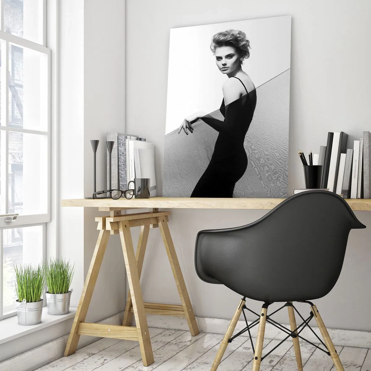 Obraz na szkle - Kobieta w czarnej sukni na tle geometrycznej kompozycji - 80x120cm - Magnetyczne spojrzenie - Nowoczesna dekoracja ścienna do salonu i sypialni ARTTOR