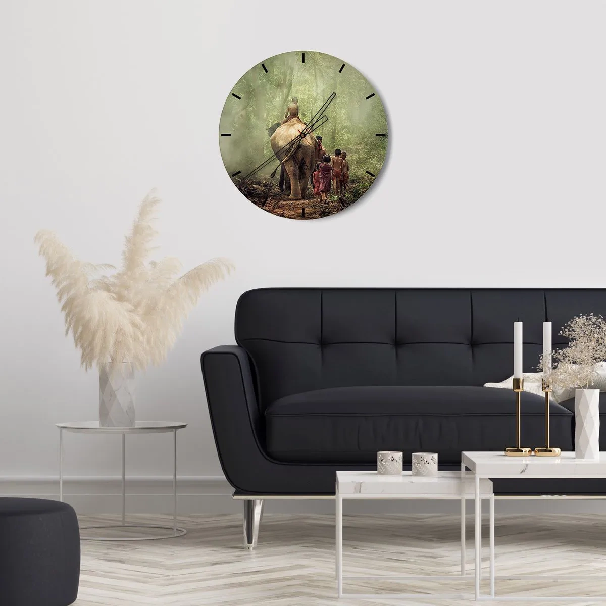 Zegar ścienny - Dzieci i słoń w gęstym lesie o poranku - 30x30cm - Nowa Księga Dżungli - Nowoczesna dekoracja ścienna do salonu, kuchni i sypialni ARTTOR