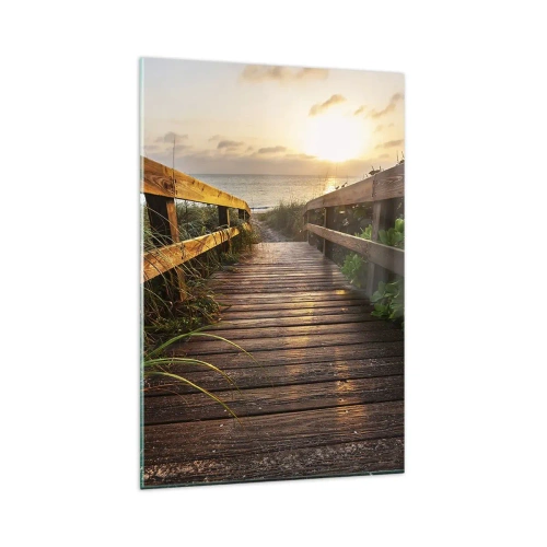 Obraz na szkle - Drewniany pomost prowadzący na plażę o zachodzie słońca - 80x120cm - I wprost nad brzeg - Nowoczesna dekoracja ścienna do salonu i sypialni ARTTOR