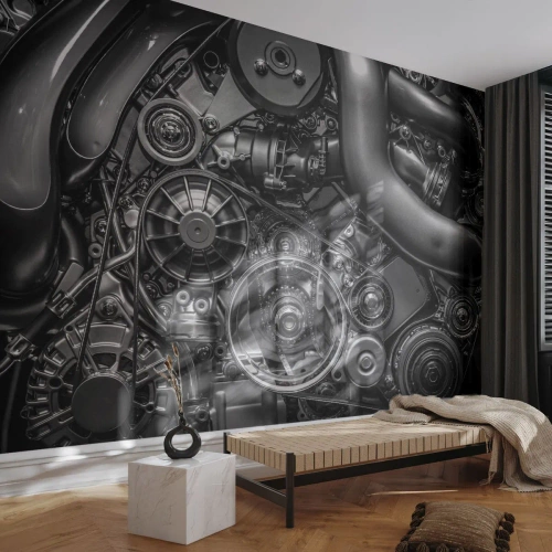Fototapeta Premium Sand - Detale metalowych elementów silnika - 100x70cm - Poezja mechaniki - Nowoczesna dekoracja ścienna do salonu, kuchni i sypialni ARTTOR