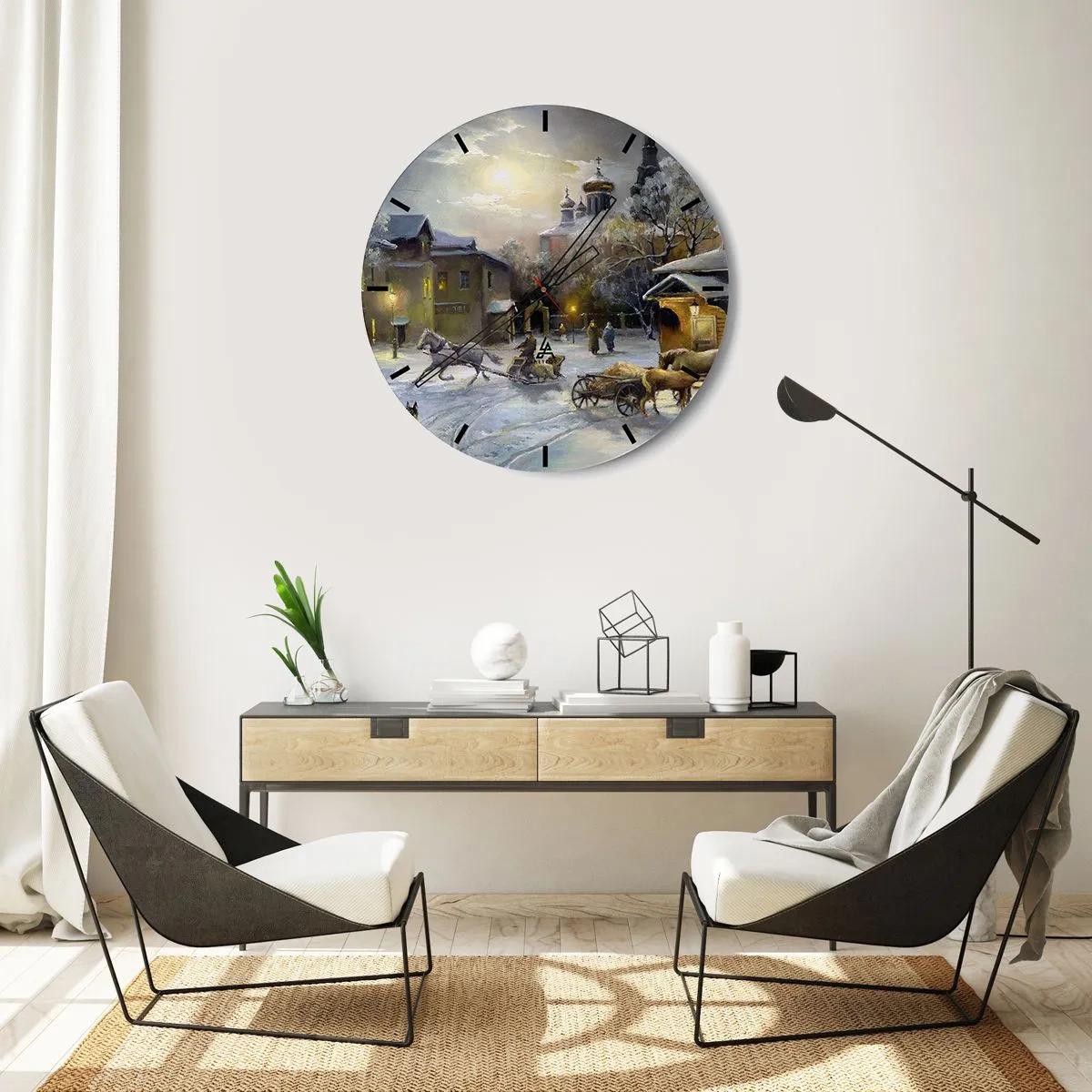 Zegar ścienny - Zimowy pejzaż z końmi i cerkwią w tle - 30x30cm - Magia rosyjskiej zimy - Nowoczesna dekoracja ścienna do salonu, kuchni i sypialni ARTTOR