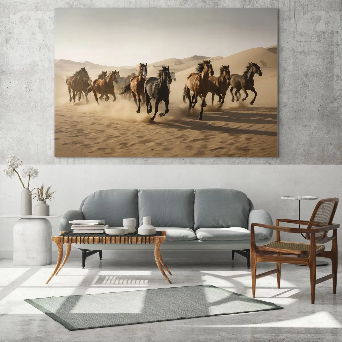 Obraz na szkle - Stado galopujących koni na pustyni wśród piaskowych wydm - 70x50cm - Wolne jak wiatr - Nowoczesna dekoracja ścienna do salonu i sypialni ARTTOR