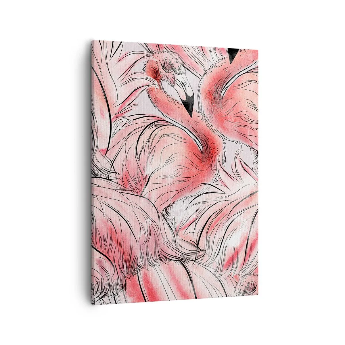 Obraz na płótnie - Różowe flamingi w artystycznej, szkicowej kompozycji - 50x70cm - Ptasi corps de ballet - Nowoczesna dekoracja ścienna do salonu, kuchni i sypialni ARTTOR