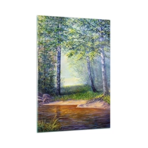 Obraz na szkle - Leśny strumień otoczony drzewami w promieniach słońca - 50x70cm - Sielankowa sceneria - Nowoczesna dekoracja ścienna do salonu, kuchni i sypialni ARTTOR