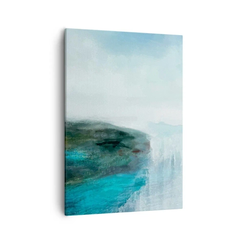 Obraz na płótnie - Abstrakcyjny pejzaż z błękitnym niebem, wodą i zielonym wybrzeżem w impresjonistycznym stylu - 50x70cm - Abstrakcja marynistyczna - Nowoczesna dekoracja ścienna do salonu, kuchni i sypialni ARTTOR