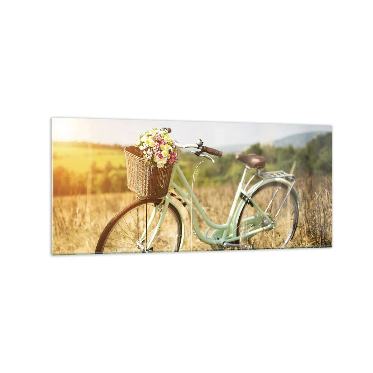 Obraz na szkle - Retro rower z koszykiem pełnym kwiatów na tle łąki - 120x50cm - Zostanę tu chwilę - Nowoczesna dekoracja ścienna do salonu i sypialni ARTTOR