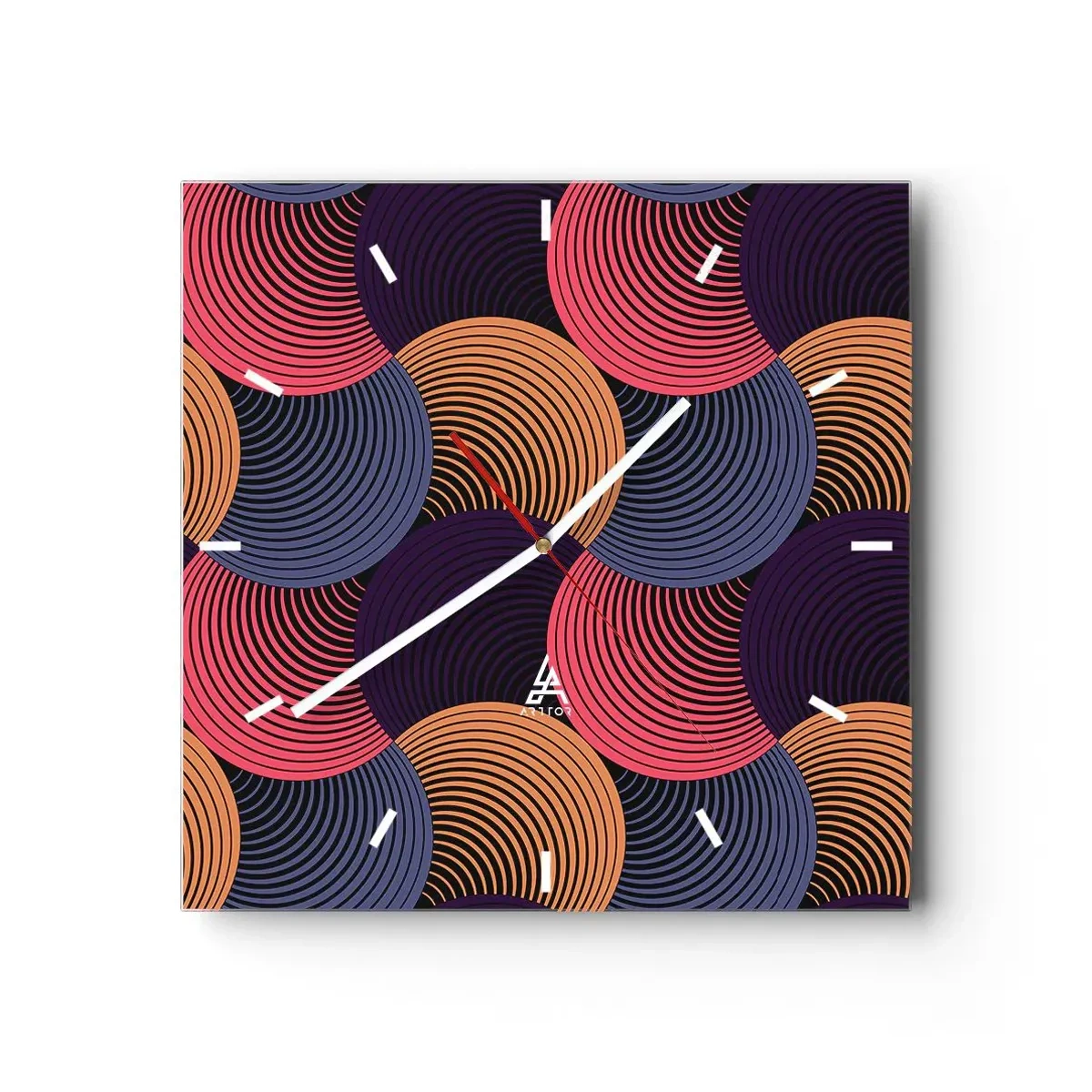 Zegar ścienny - Geometryczne kręgi w odcieniach różu, fioletu i złota - 30x30cm - W kolistym rytmie - Nowoczesna dekoracja ścienna do salonu i sypialni ARTTOR