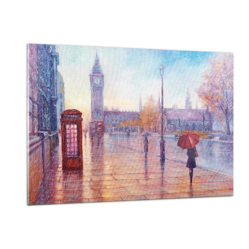 Obraz na szkle - Londynska scena w deszczu z Big Benem i czerwoną budką - 120x80cm - Londyński jesienny dzień - Nowoczesna dekoracja ścienna do salonu, kuchni i sypialni ARTTOR