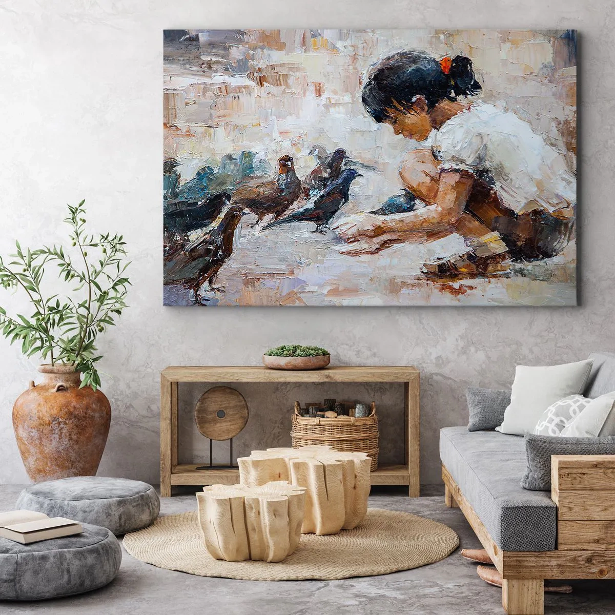 Obraz na płótnie - Dziewczynka karmiąca ptaki w malarskim stylu - 70x50cm - Maluczcy i najmilsi - Nowoczesna dekoracja ścienna do salonu i sypialni ARTTOR