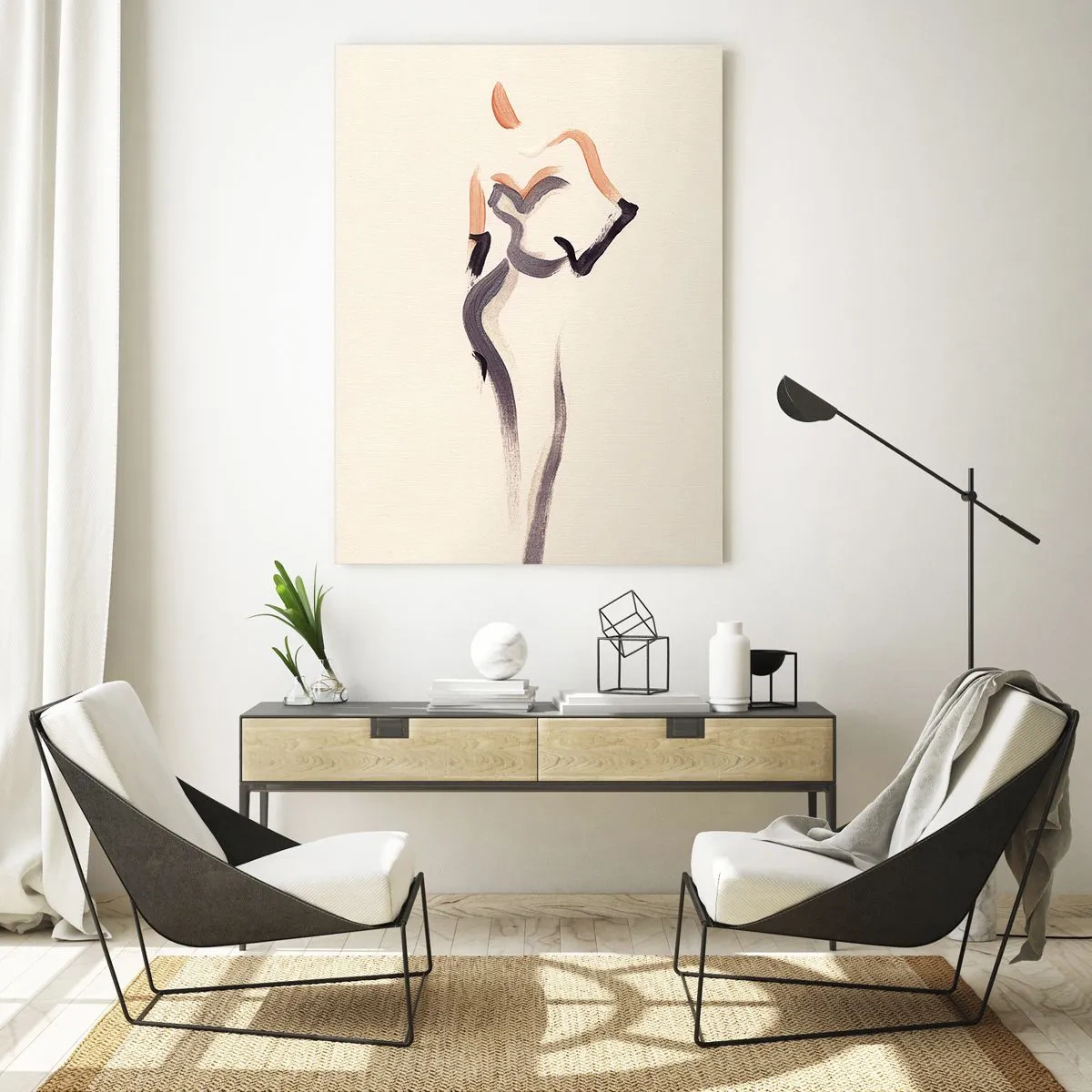 Obraz na szkle - Minimalistyczna sylwetka kobiety w eleganckiej sukni - 70x100cm - Ze złotych lat Hollywood - Nowoczesna dekoracja ścienna do salonu i sypialni ARTTOR