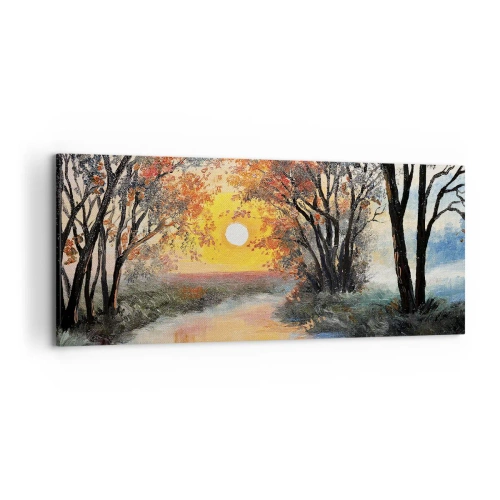 Obraz na płótnie - Zachód słońca nad rzeką w jesiennym krajobrazie - 120x50cm - Jesienne klimaty - Nowoczesna dekoracja ścienna do salonu i sypialni ARTTOR