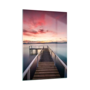 Obraz na szkle - Pomost nad jeziorem o zachodzie słońca z różowym niebem - 50x70cm - Łagodny płomień wieczoru - Nowoczesna dekoracja ścienna do salonu, kuchni i sypialni ARTTOR