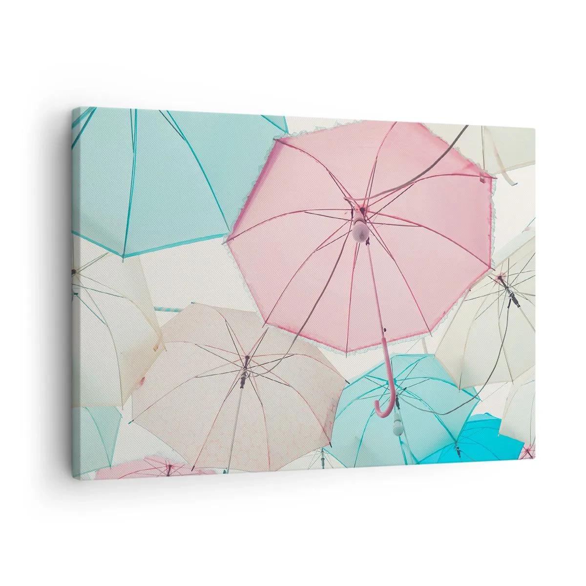 Obraz na płótnie - Pastelowe parasolki na tle jasnego nieba - 70x50cm - Czasem słońce, czasem deszcz - Nowoczesna dekoracja ścienna do salonu i sypialni ARTTOR