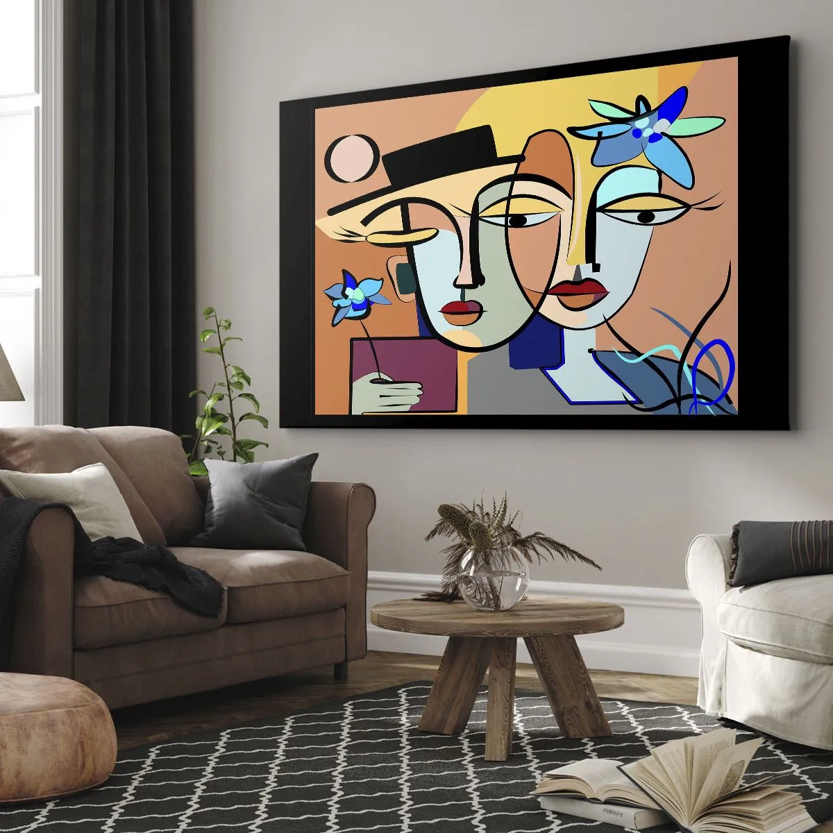 Obraz na płótnie - Kubistyczne portrety w żywych kolorach z kwiatowym motywem - 70x50cm - Picassowskie randez vous - Nowoczesna dekoracja ścienna do salonu i sypialni ARTTOR