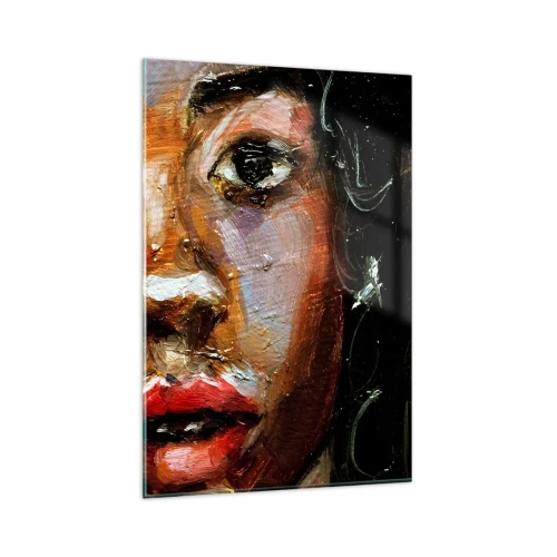 Obraz na szkle - Ekspresyjny portret kobiety w intensywnych barwach - 80x120cm - Czerń i blask - Nowoczesna dekoracja ścienna do salonu i sypialni ARTTOR
