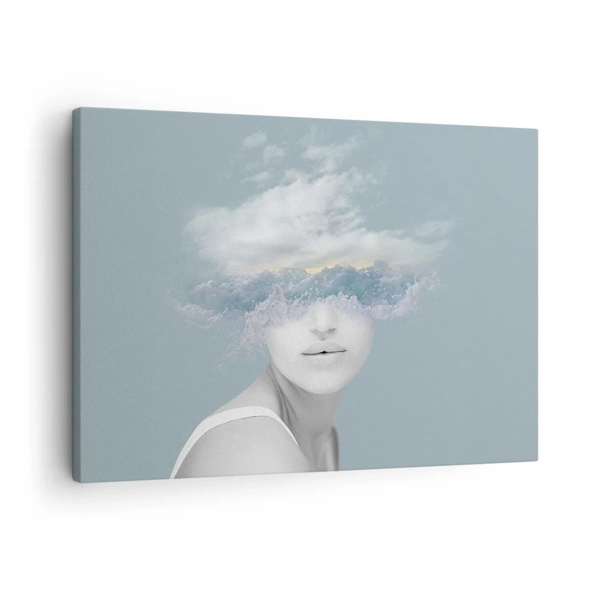 Obraz na płótnie - Portret kobiety z twarzą ukrytą za chmurami i falami - 70x50cm - Z głową w chmurach - Nowoczesna dekoracja ścienna do salonu i sypialni ARTTOR
