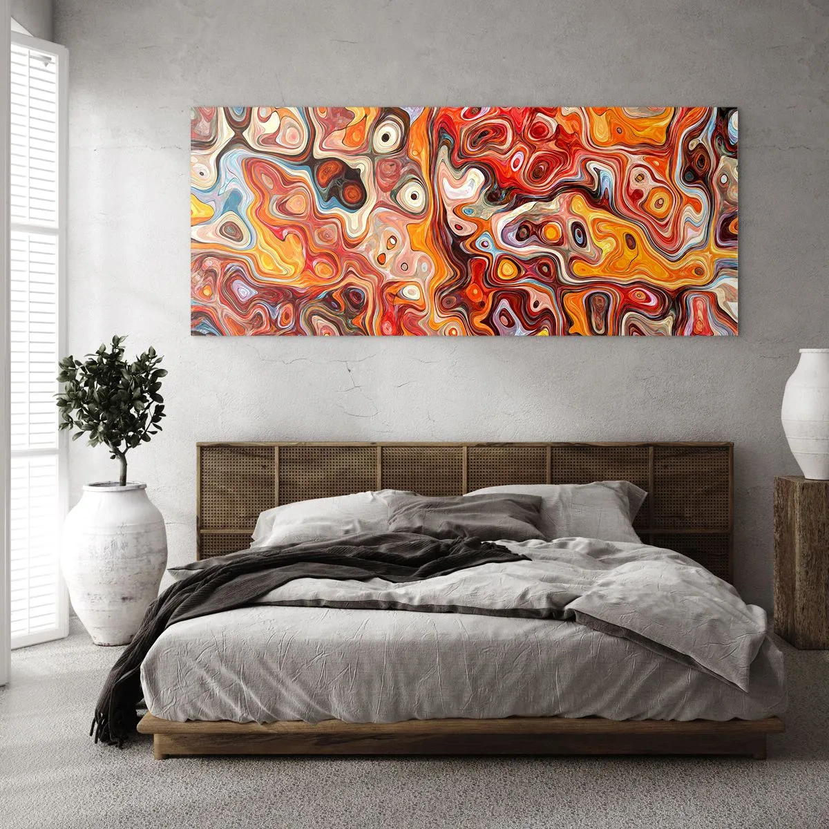 Obraz na szkle - Abstrakcyjna kompozycja w ciepłych odcieniach czerwieni, pomarańczu i żółci - 120x50cm - Gdyby orzechy rozpływały się w miodzie - Nowoczesna dekoracja ścienna do salonu i sypialni ARTTOR