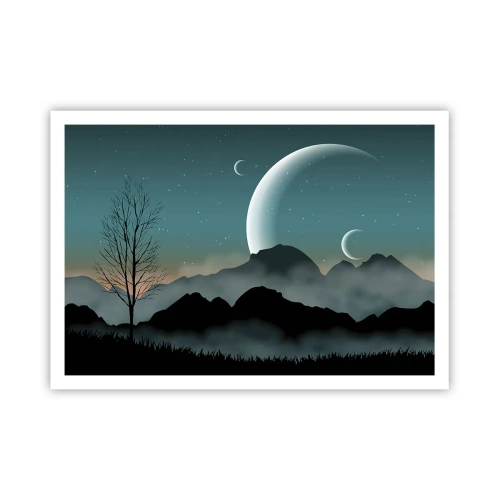 Plakat - Mgliste góry z księżycem i samotnym drzewem - 100x70cm - Karnawał gwiaździstej nocy - Nowoczesna dekoracja ścienna do salonu i sypialni ARTTOR