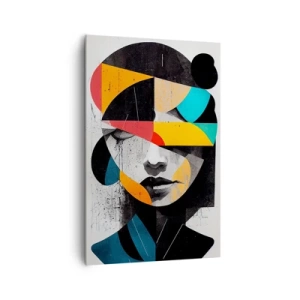 Obraz na płótnie - Abstrakcyjny portret kobiety w geometrycznych kolorowych kształtach - 80x120cm - Portret wewnętrzny wielobarwny - Nowoczesna dekoracja ścienna do salonu i sypialni ARTTOR