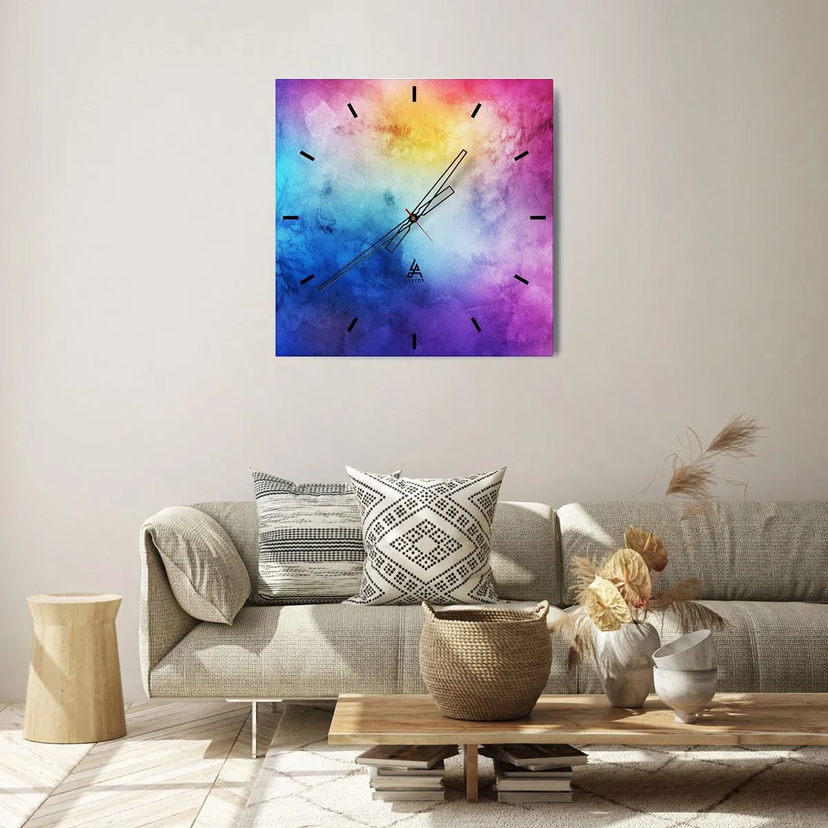 Zegar ścienny - Abstrakcyjna kompozycja w pastelowych odcieniach różu i błękitu - 30x30cm - Prawie w siódmym niebie - Nowoczesna dekoracja ścienna do salonu i sypialni ARTTOR