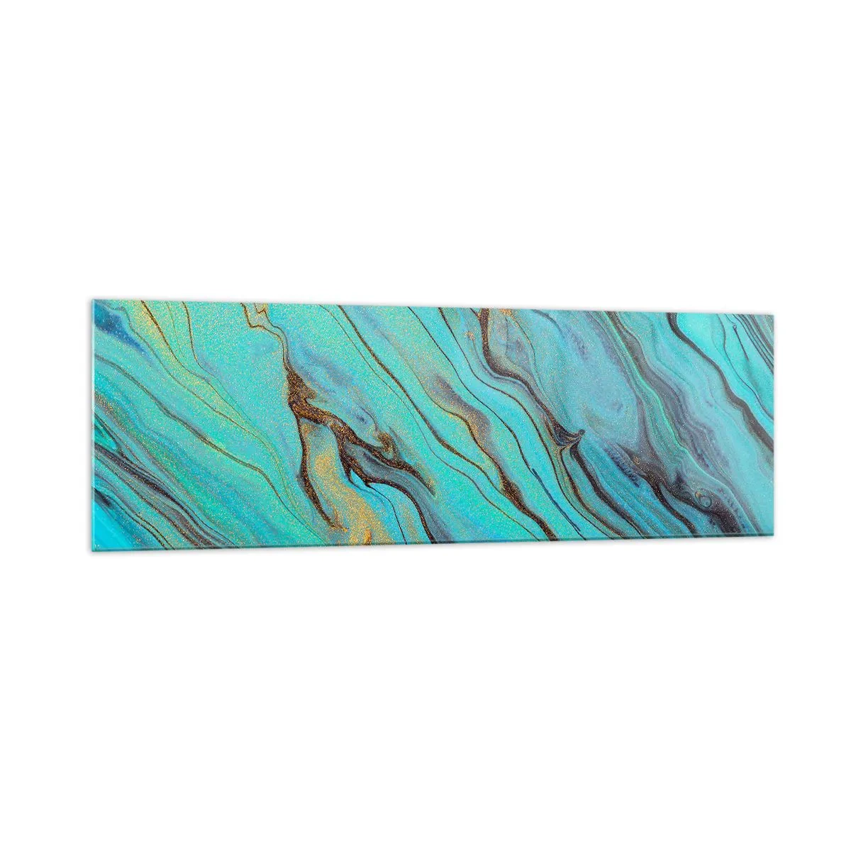 Obraz na szkle - Abstrakcyjne fale w odcieniach turkusu i złota - 160x50cm - Turkusowy przypływ - Nowoczesna dekoracja ścienna do salonu i sypialni ARTTOR