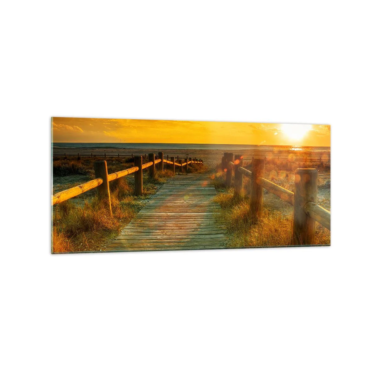 Obraz na szkle - Drewniana ścieżka prowadząca na plażę w blasku zachodzącego słońca - 120x50cm - Skąpane w starym złocie - Nowoczesna dekoracja ścienna do salonu i sypialni ARTTOR