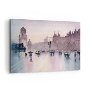 Obraz na płótnie - Miejska ulica o zmierzchu w akwarelowym stylu - 100x70cm - W deszczowej mgiełce - Nowoczesna dekoracja ścienna do salonu, kuchni i sypialni ARTTOR