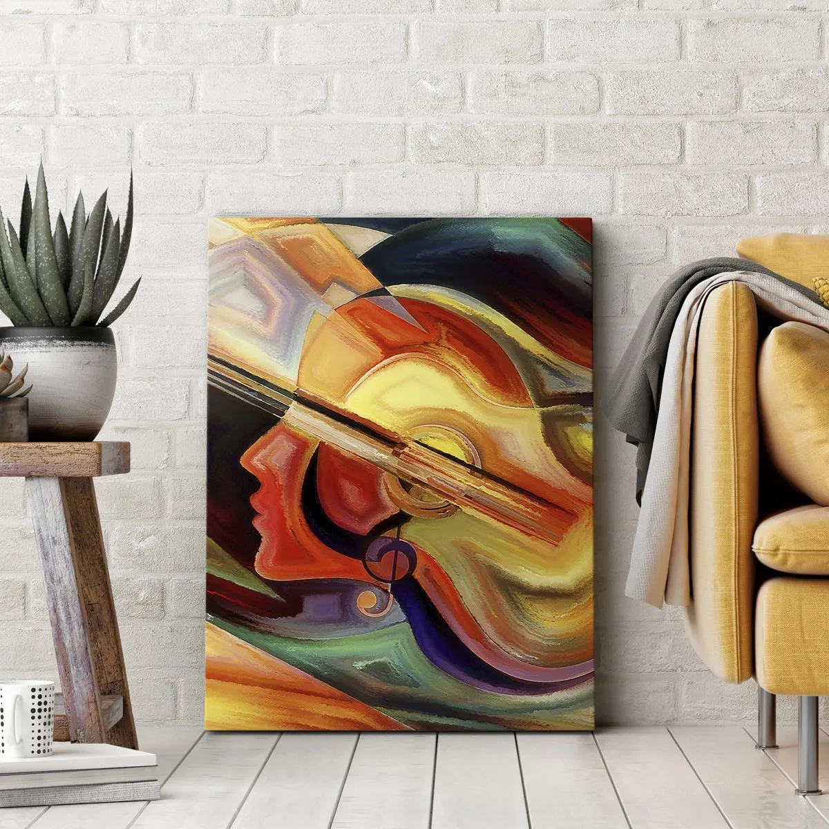 Obraz na płótnie - Abstrakcyjna twarz i gitara w ekspresyjnych barwach - 50x70cm - Wszystko gra - Nowoczesna dekoracja ścienna do salonu, kuchni i sypialni ARTTOR