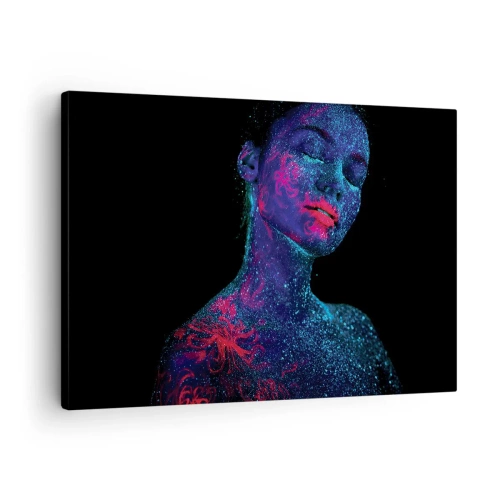 Obraz na płótnie - Portret kobiety w neonowych kolorach na czarnym tle - 70x50cm - W gwiezdnym pyle - Nowoczesna dekoracja ścienna do salonu i sypialni ARTTOR