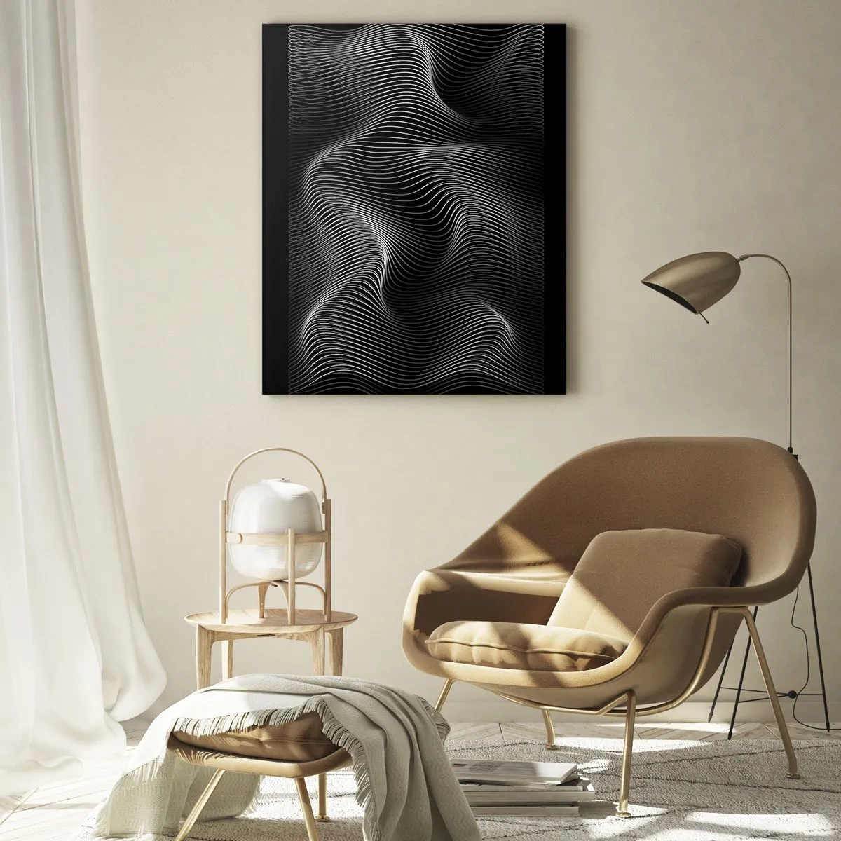Obraz na szkle - Hipnotyzujące białe linie falujące na czarnym tle - 50x70cm - Taniec światła w przestrzeni - Nowoczesna dekoracja ścienna do salonu, kuchni i sypialni ARTTOR