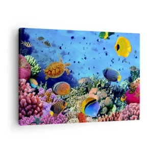 Obraz na płótnie - Rafa koralowa z kolorowymi rybami i żółwiem morską - 70x50cm - I co my wiemy o życiu... - Nowoczesna dekoracja ścienna do salonu i sypialni ARTTOR
