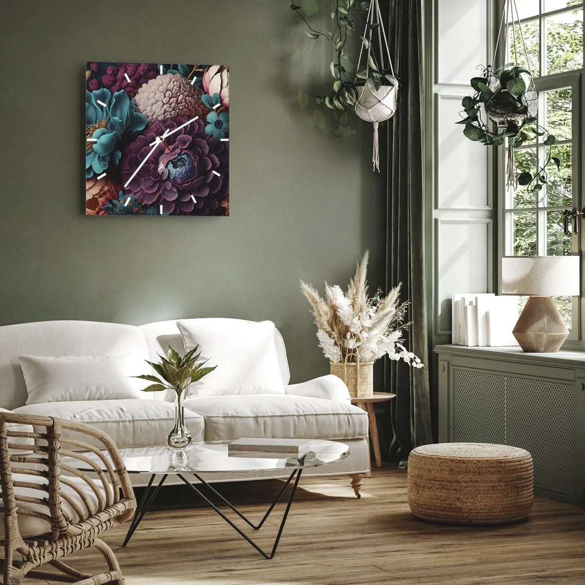 Zegar ścienny - Bukiet kwiatów w intensywnych kolorach na ciemnym tle - 30x30cm - Natura na bogato - Nowoczesna dekoracja ścienna do salonu i sypialni ARTTOR