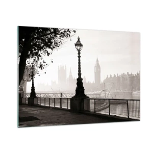 Obraz na szkle - Czarno-biała fotografia londyńskiej promenady z Big Benem - 100x70cm - Londyński poranek - Nowoczesna dekoracja ścienna do salonu, kuchni i sypialni ARTTOR