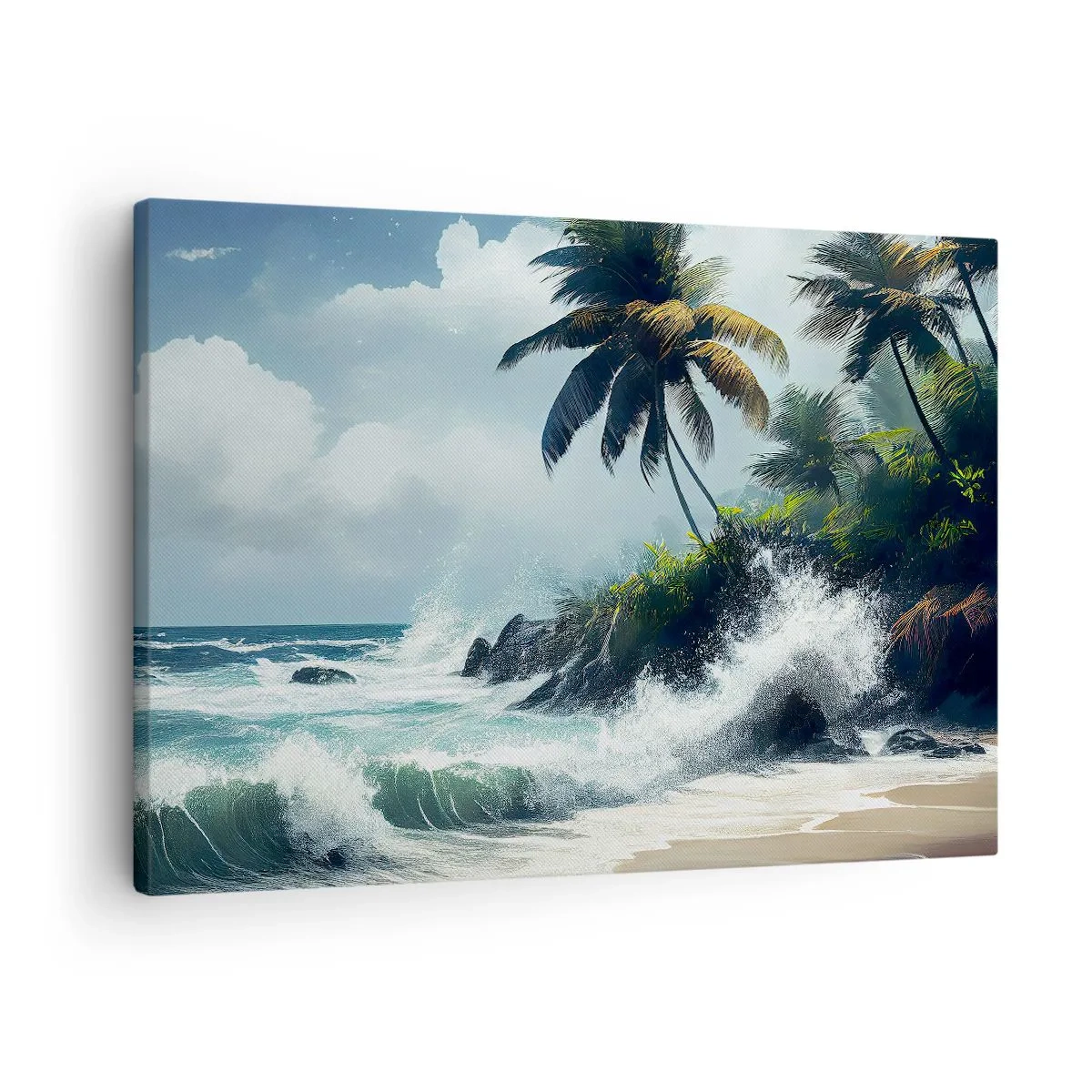 Obraz na płótnie - Tropikalny brzeg z palmami i wzburzonym morzem - 70x50cm - Na tropikalnym brzegu - Nowoczesna dekoracja ścienna do salonu i sypialni ARTTOR