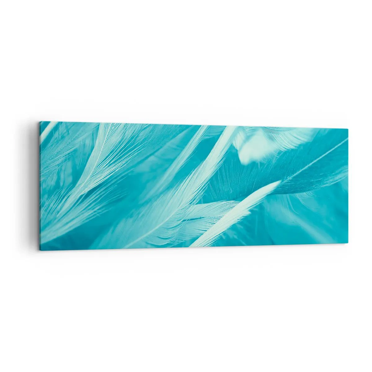 Obraz na płótnie - Delikatne turkusowe pióra w zbliżeniu - 140x50cm - Utonąć w puchu - Nowoczesna dekoracja ścienna do salonu i sypialni ARTTOR