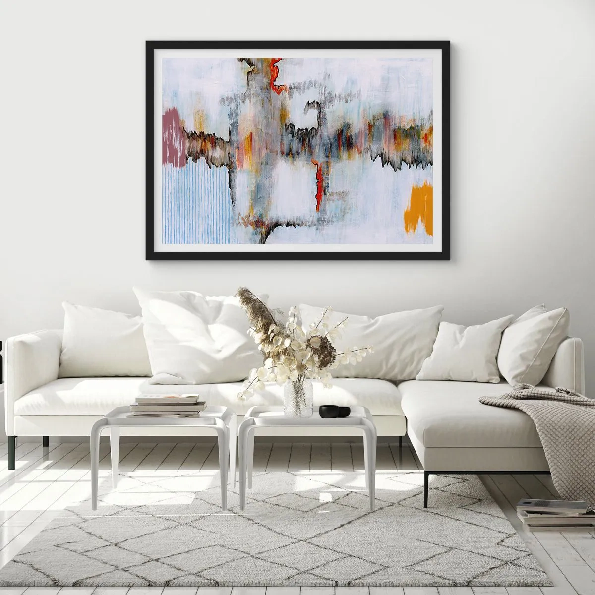 Plakat w czarnej ramie - Abstrakcyjny wzór z żywymi kolorami na jasnym tle - 70x50cm - Patykiem na wodzie - Nowoczesna dekoracja ścienna do salonu i sypialni ARTTOR