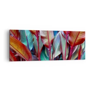 Obraz na płótnie - Kolorowe liście tropikalnych roślin w gąszczu - 140x50cm - Kolorowy gąszcz - Nowoczesna dekoracja ścienna do salonu i sypialni ARTTOR