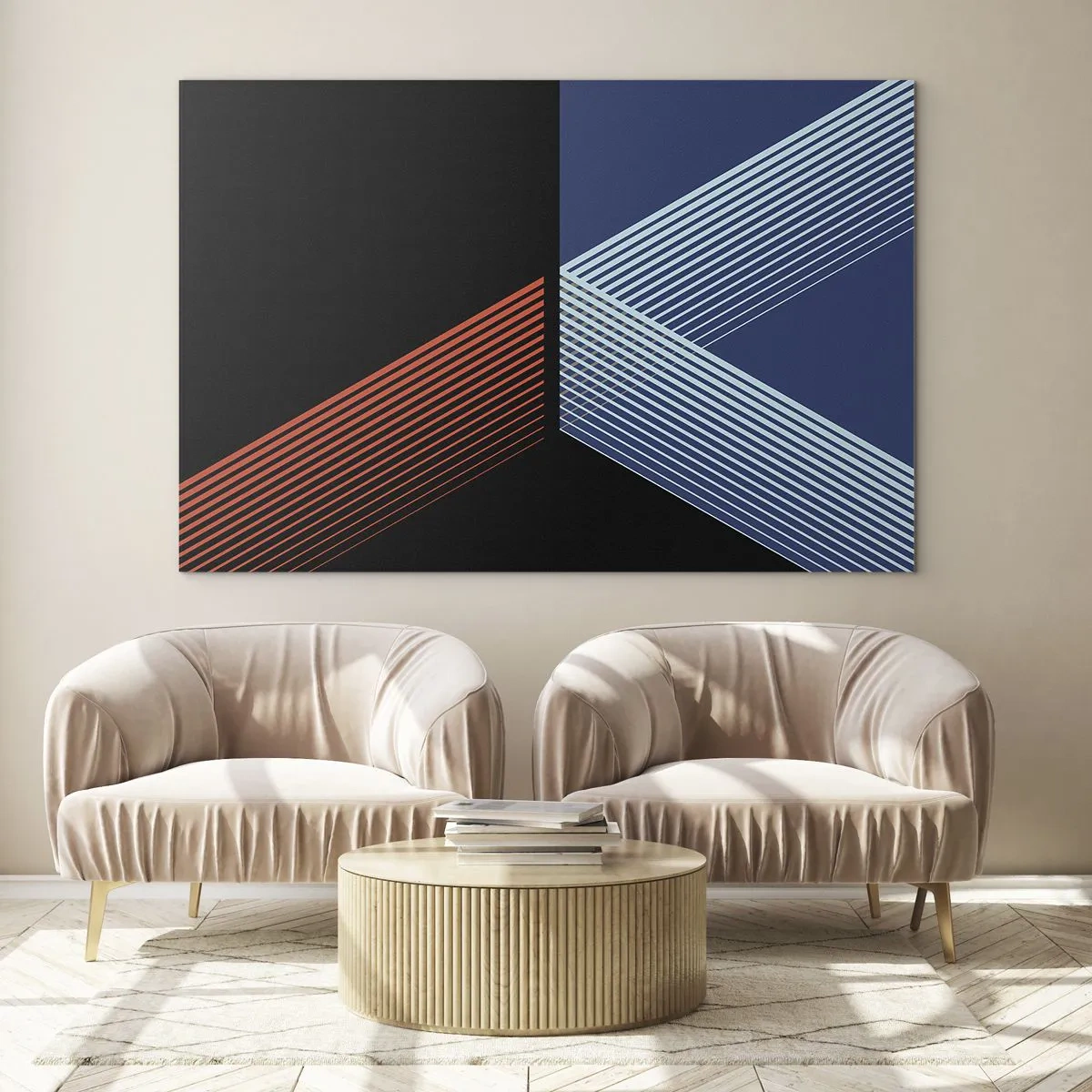 Obraz na szkle - Nowoczesna geometryczna kompozycja z liniami i kontrastem barw - 70x50cm - Prosta historia - Nowoczesna dekoracja ścienna do salonu i sypialni ARTTOR