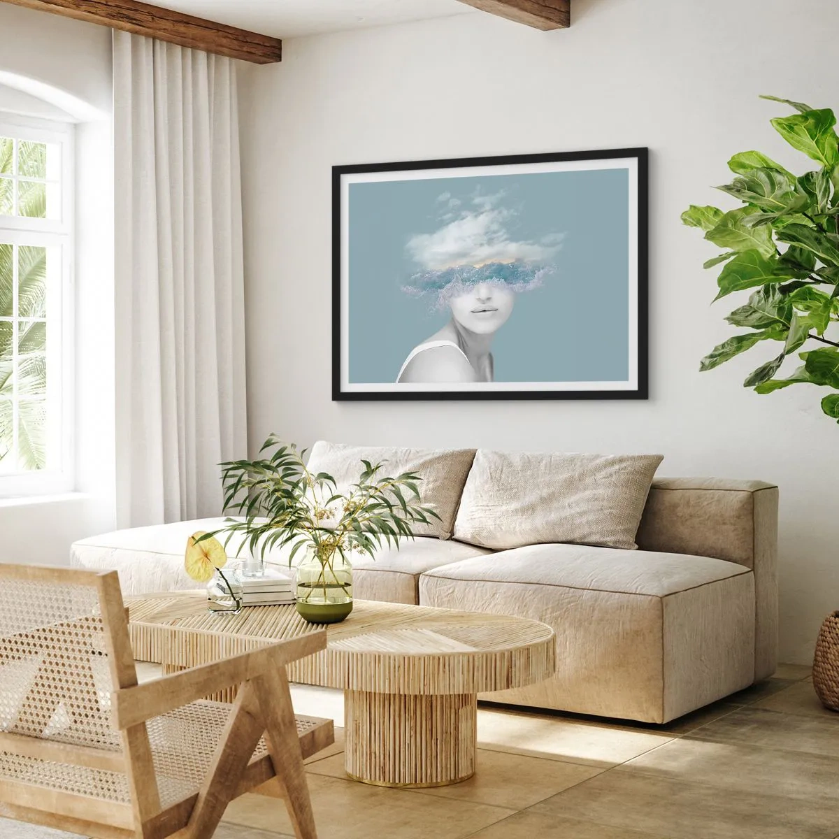 Plakat w czarnej ramie - Portret kobiety z twarzą ukrytą za chmurami i falami - 70x50cm - Z głową w chmurach - Nowoczesna dekoracja ścienna do salonu i sypialni ARTTOR