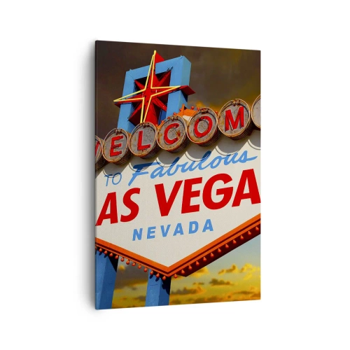 Obraz na płótnie - Słynny znak Welcome to Fabulous Las Vegas o zachodzie słońca - 70x100cm - Po uśmiech losu - Nowoczesna dekoracja ścienna do salonu i sypialni ARTTOR