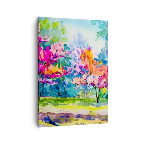 Obraz na płótnie - Kolorowy pejzaż kwitnących drzew w akwarelowym stylu - 50x70cm - Tęczowy ogród w wiosennym blasku - Nowoczesna dekoracja ścienna do salonu, kuchni i sypialni ARTTOR