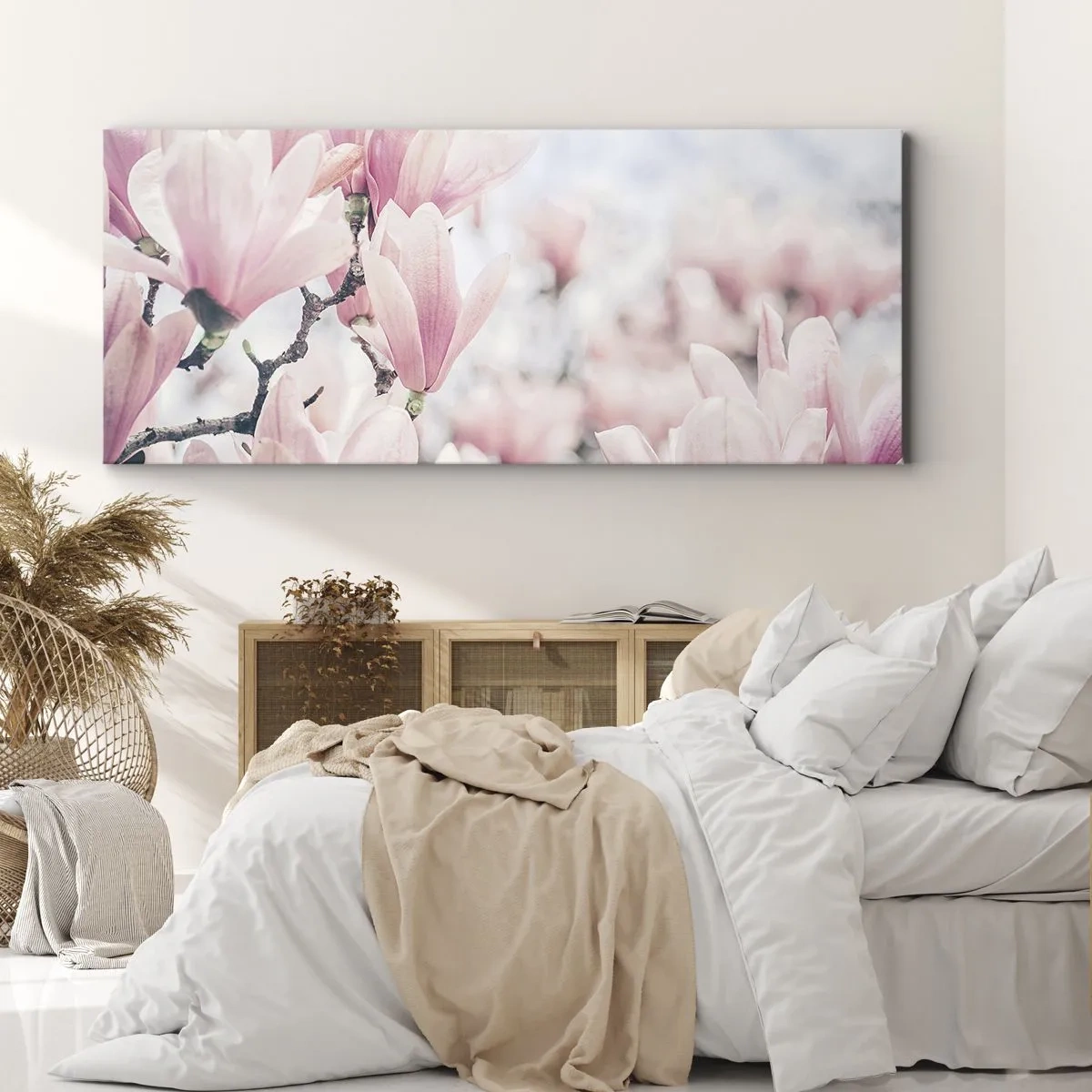 Obraz na płótnie - Subtelne kwiaty magnolii w delikatnych różowych odcieniach - 120x50cm - Ideał subtelności - Nowoczesna dekoracja ścienna do salonu i sypialni ARTTOR