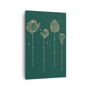 Obraz na płótnie - Złote rysunki ziół na tle ciemnozielonym - 80x120cm - Rodzina ZIÓŁkowskich - Nowoczesna dekoracja ścienna do salonu i sypialni ARTTOR