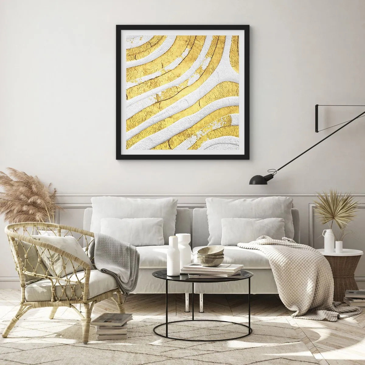 Plakat w czarnej ramie - Kompozycja w bieli i złocie - 40x40 cm