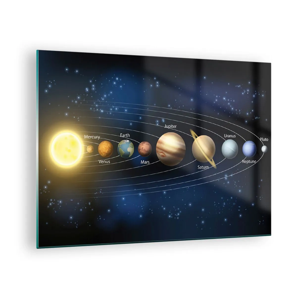 Obraz na szkle - Układ słoneczny z planetami i gwiazdami w tle - 70x50cm - Jedna z dziesięciu - Nowoczesna dekoracja ścienna do salonu i sypialni ARTTOR