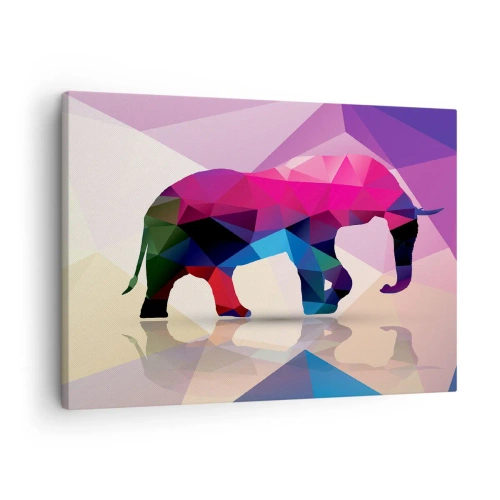 Obraz na płótnie - Geometryczna sylwetka słonia w żywych kolorach - 70x50cm - Kryształowy dinozaur - Nowoczesna dekoracja ścienna do salonu i sypialni ARTTOR