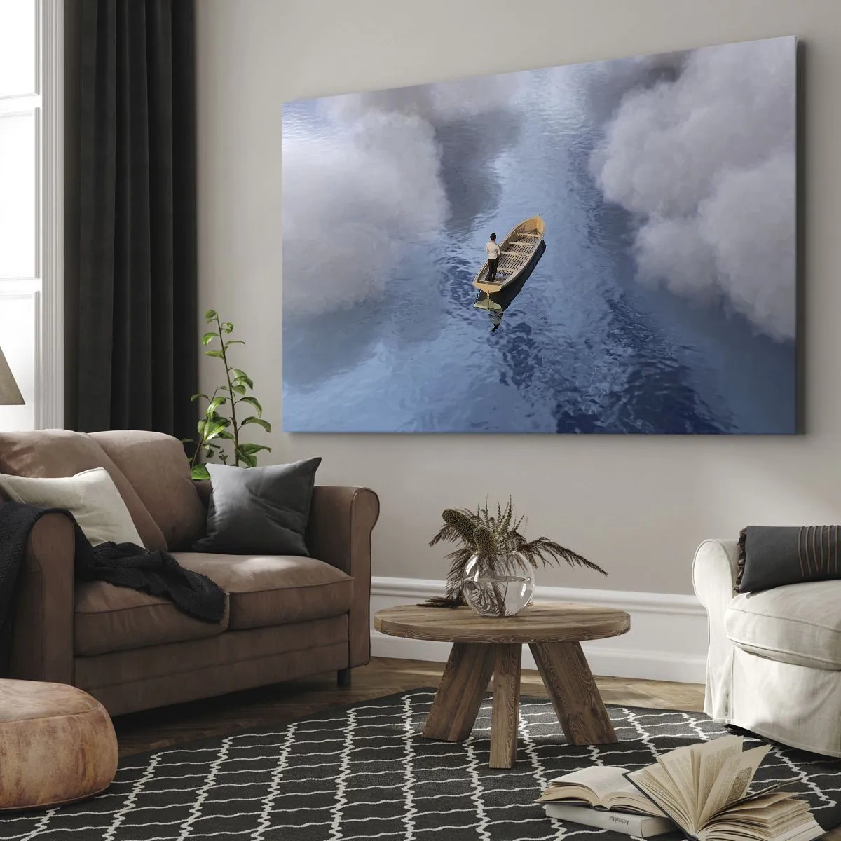 Obraz na płótnie - Mężczyzna w łódce na spokojnym morzu otoczonym chmurami - 70x50cm - Życie – podróż – niewiadoma - Nowoczesna dekoracja ścienna do salonu i sypialni ARTTOR
