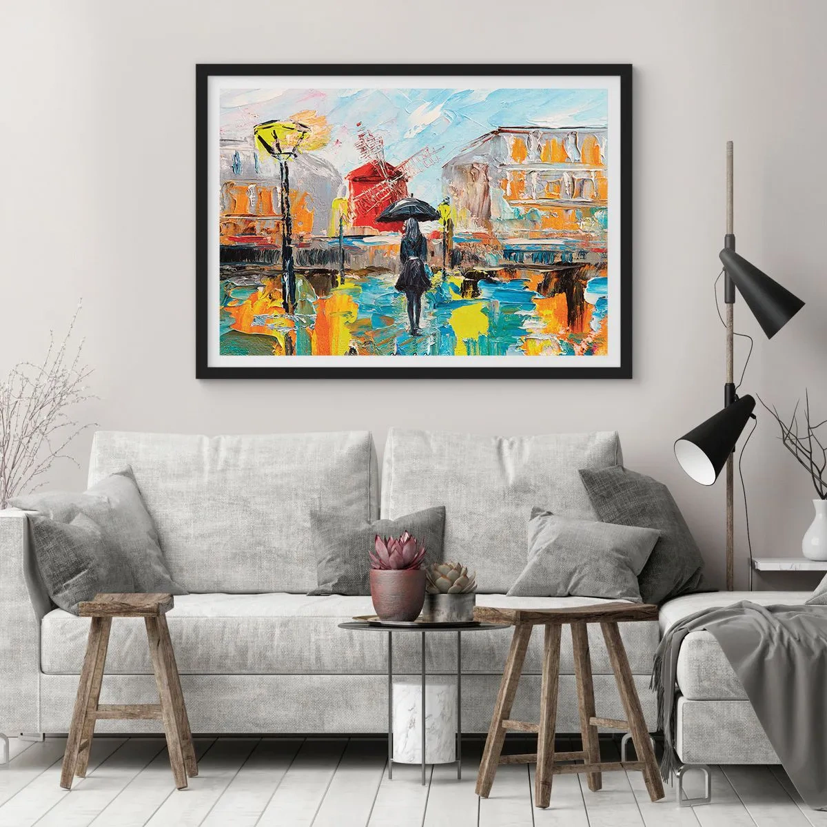 Plakat w czarnej ramie - Malownicza scena z parasolem na tle Paryża w żywych kolorach - 70x50cm - Paryskie legendy - Nowoczesna dekoracja ścienna do salonu i sypialni ARTTOR