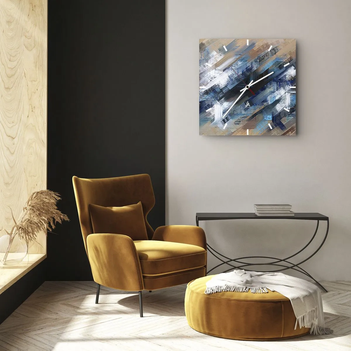 Zegar ścienny - Abstrakcyjna kompozycja z błękitnymi ukośnymi liniami - 30x30cm - Po błękitnym skosie - Nowoczesna dekoracja ścienna do salonu i sypialni ARTTOR